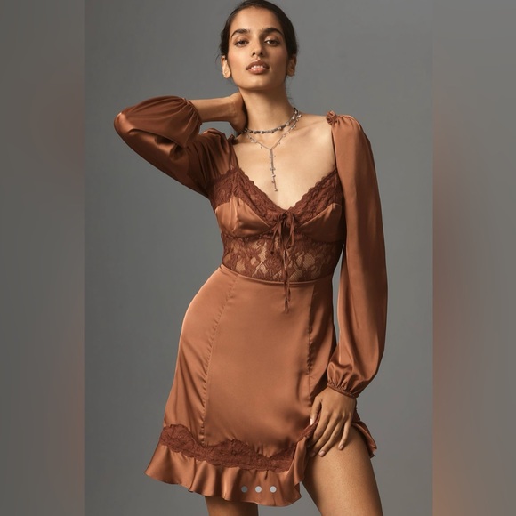 Anthropologie Mink Blush Cocoa Plum Silky Lace Mini Dress